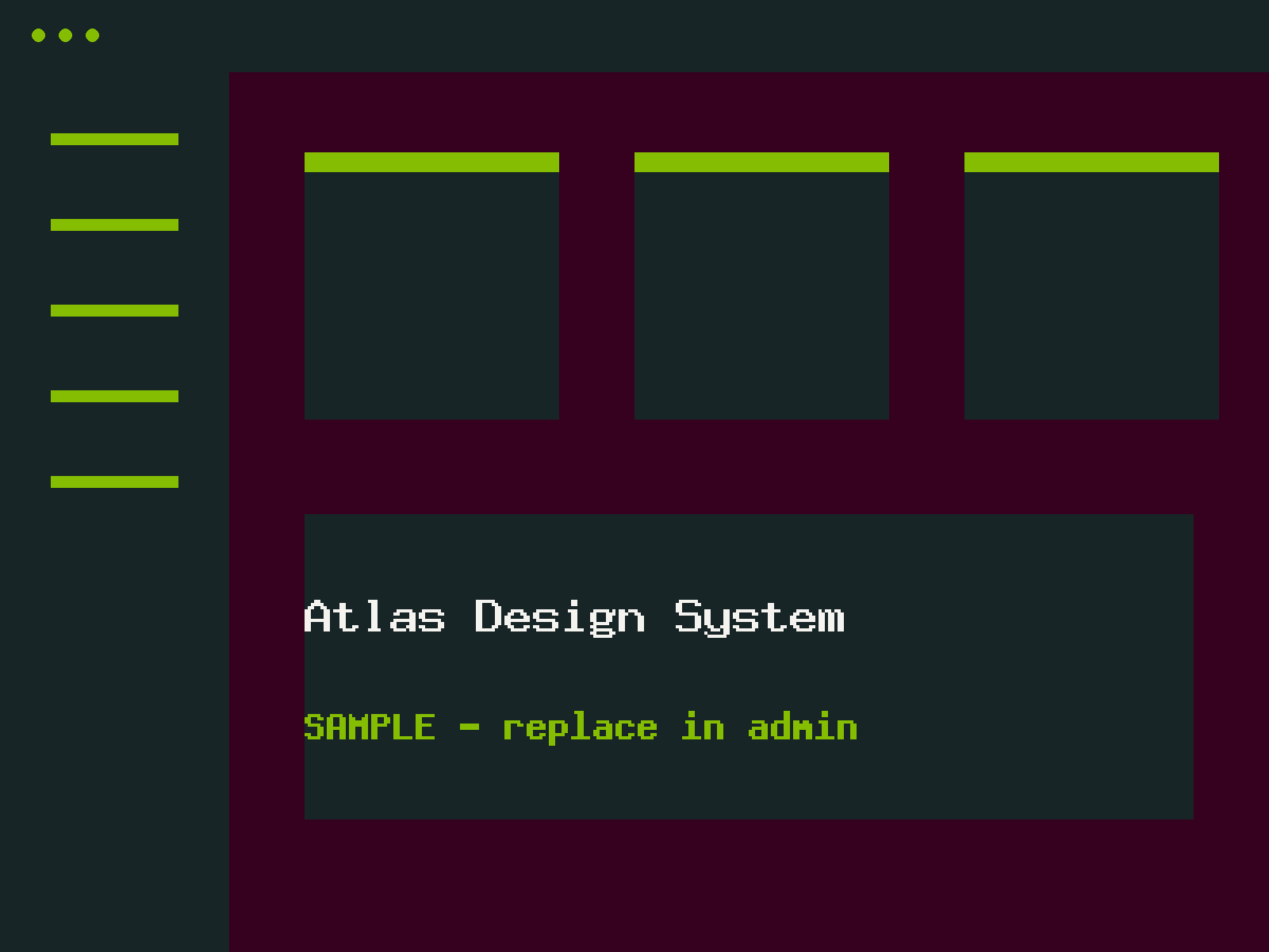 Atlas design system component library shown across three product screens.